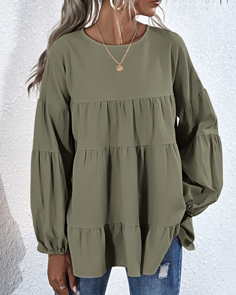 Round Neck Lantern Elastic Bubble Sleeve Blouses