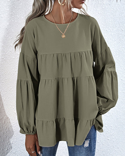 Round Neck Lantern Elastic Bubble Sleeve Blouses