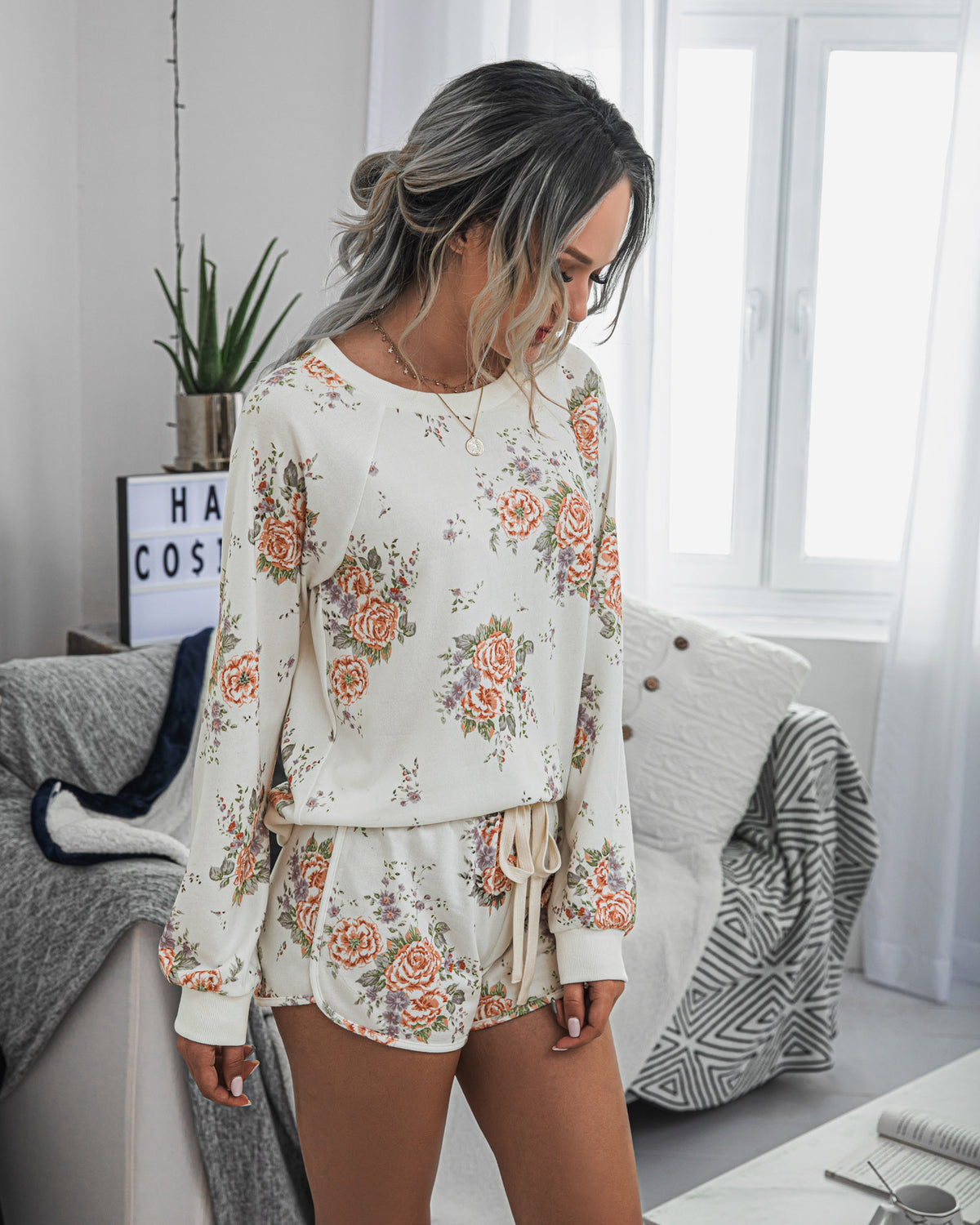 Floral Two-piece Cotton T-Shirt Lace-up Shorts Loungewear