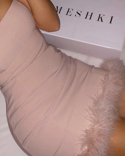 Strappy Sling Furry Party Bodycon Mini Dresses