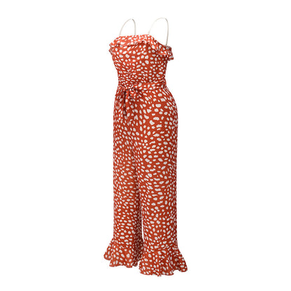 Transparent Suspenders Lace-up Ruffled Jumpsuit Tube Top Floral Loose Rompers