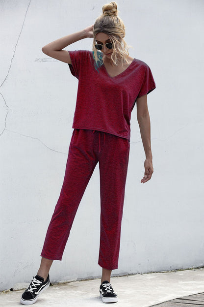 Lace-up Short Sleeve Two-piece One Shoulder Loungewear With Pocket