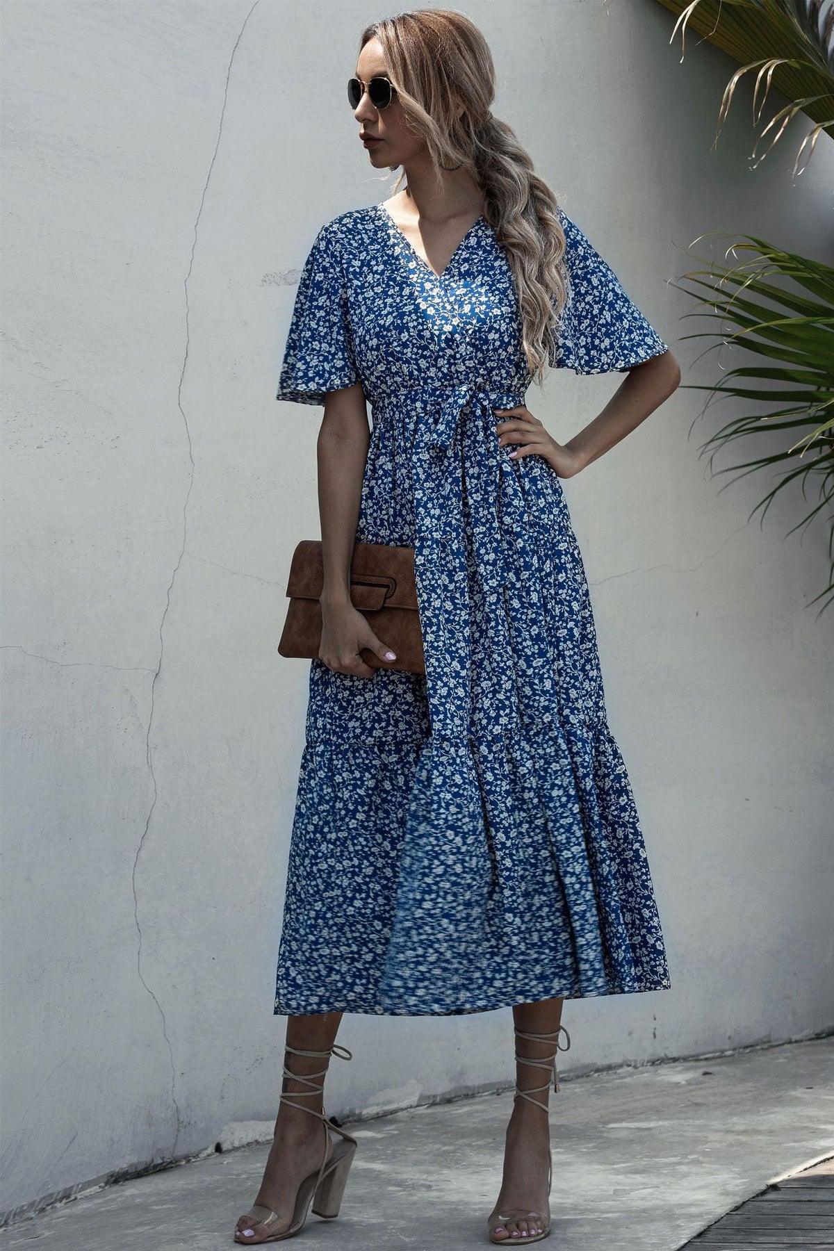 V-neck Belt Polka Dot Floral Maxi Dresses