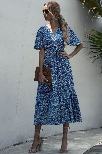 V-neck Belt Polka Dot Floral Maxi Dresses