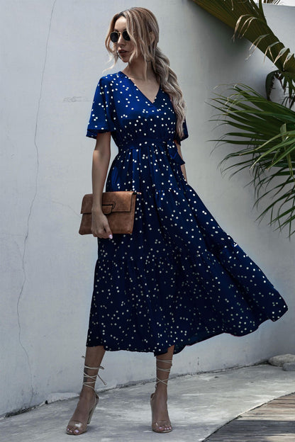 V-neck Belt Polka Dot Floral Maxi Dresses