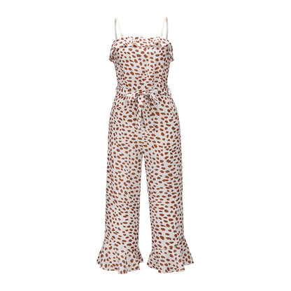 Transparent Suspenders Lace-up Ruffled Jumpsuit Tube Top Floral Loose Rompers