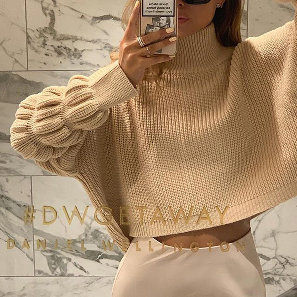 Lantern Sleeve High-collared Knit Sweaters