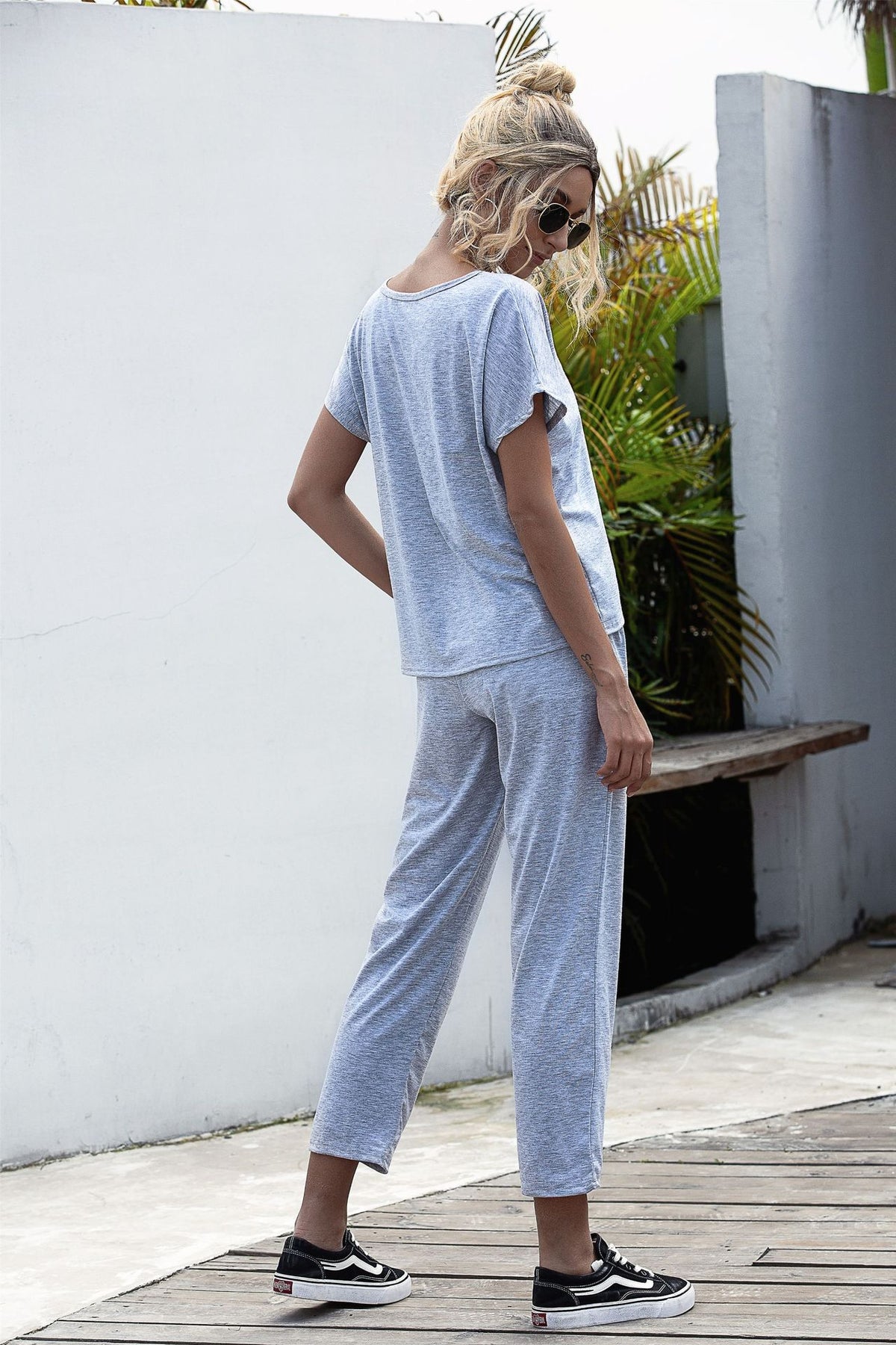 Lace-up Short Sleeve Two-piece One Shoulder Loungewear With Pocket
