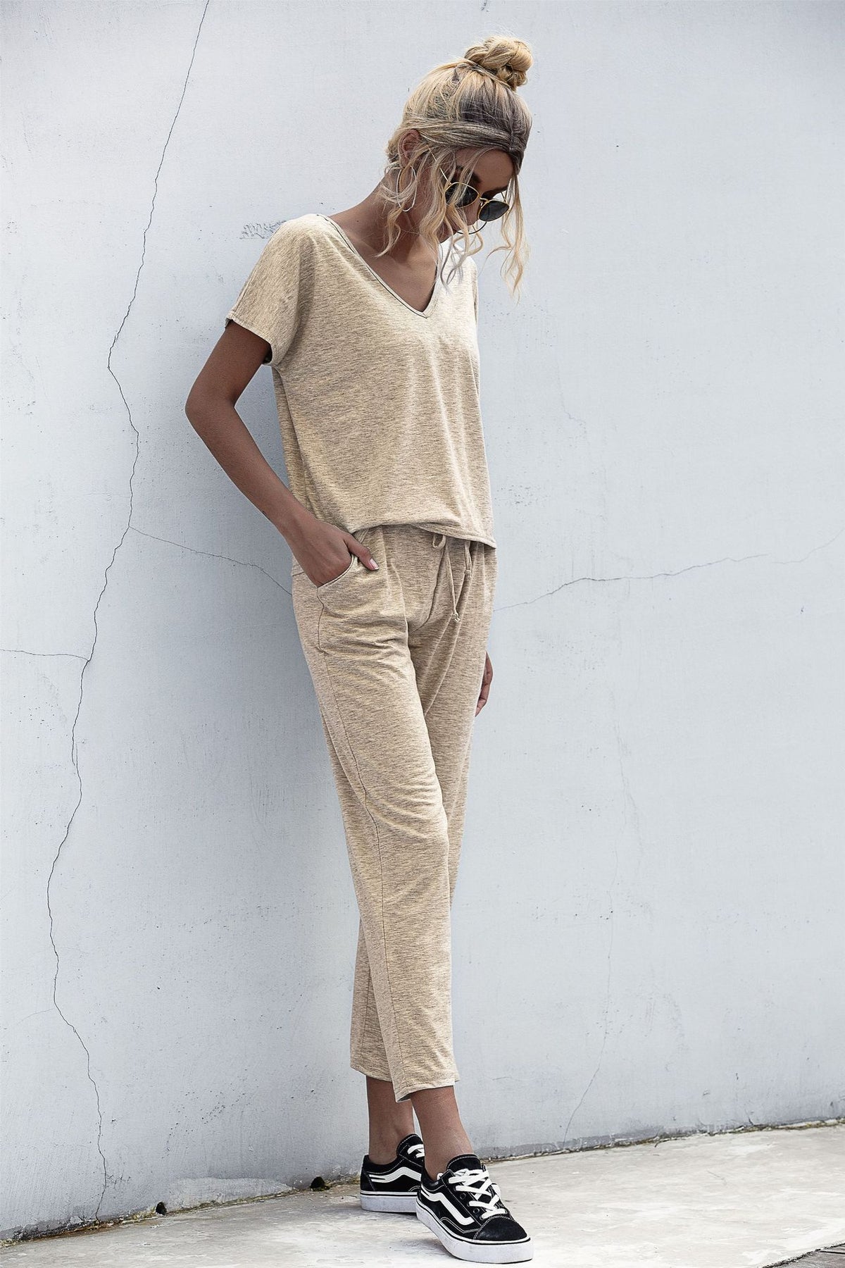 Lace-up Short Sleeve Two-piece One Shoulder Loungewear With Pocket