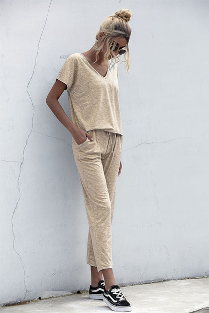 Lace-up Short Sleeve Two-piece One Shoulder Loungewear With Pocket