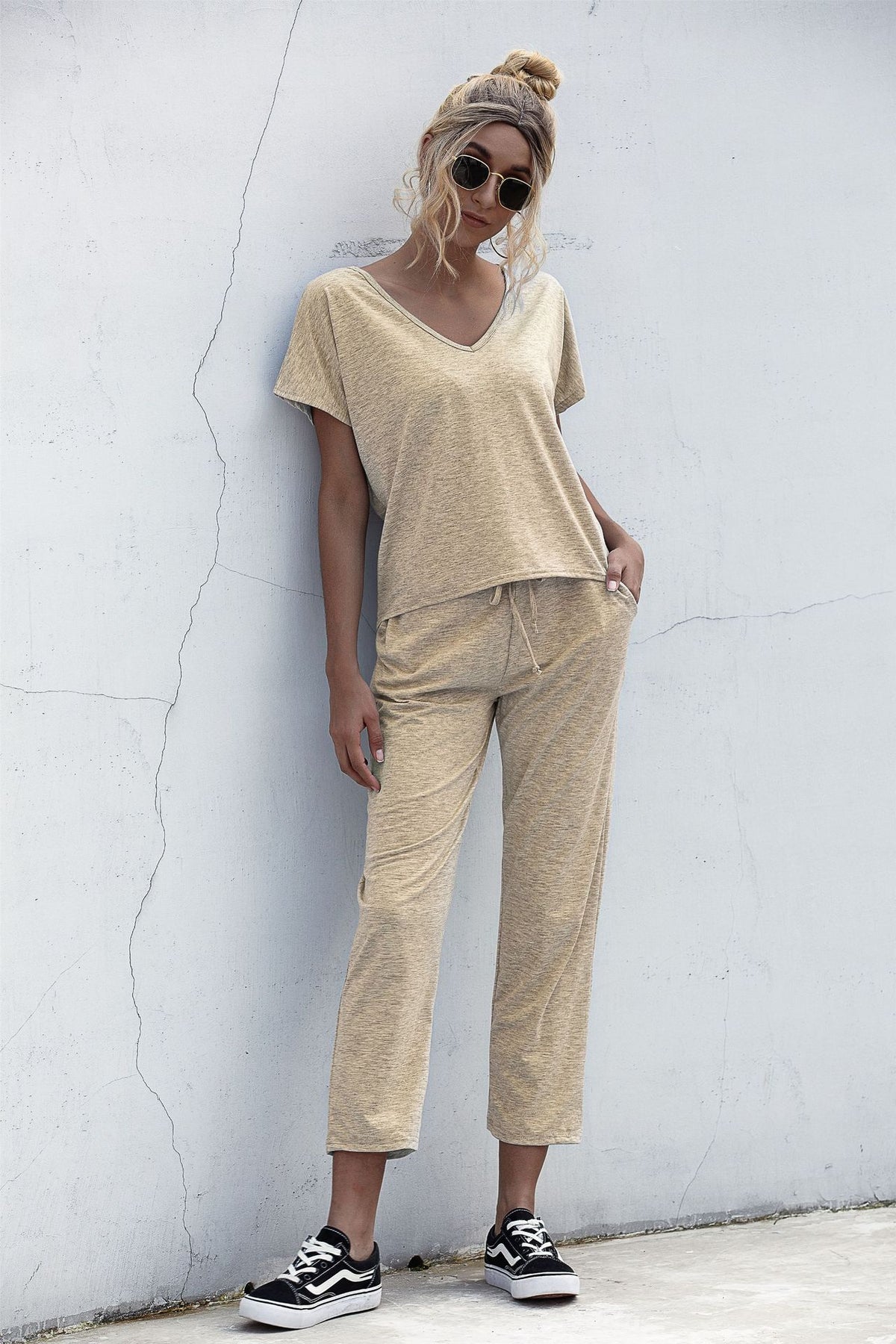 Lace-up Short Sleeve Two-piece One Shoulder Loungewear With Pocket
