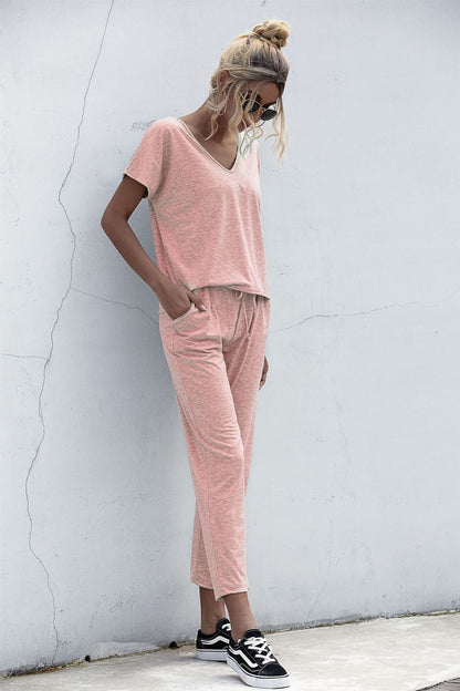 Lace-up Short Sleeve Two-piece One Shoulder Loungewear With Pocket