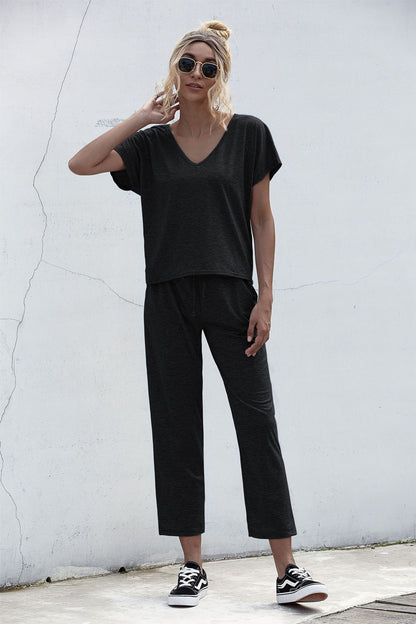 Lace-up Short Sleeve Two-piece One Shoulder Loungewear With Pocket