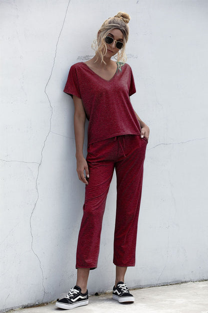 Lace-up Short Sleeve Two-piece One Shoulder Loungewear With Pocket