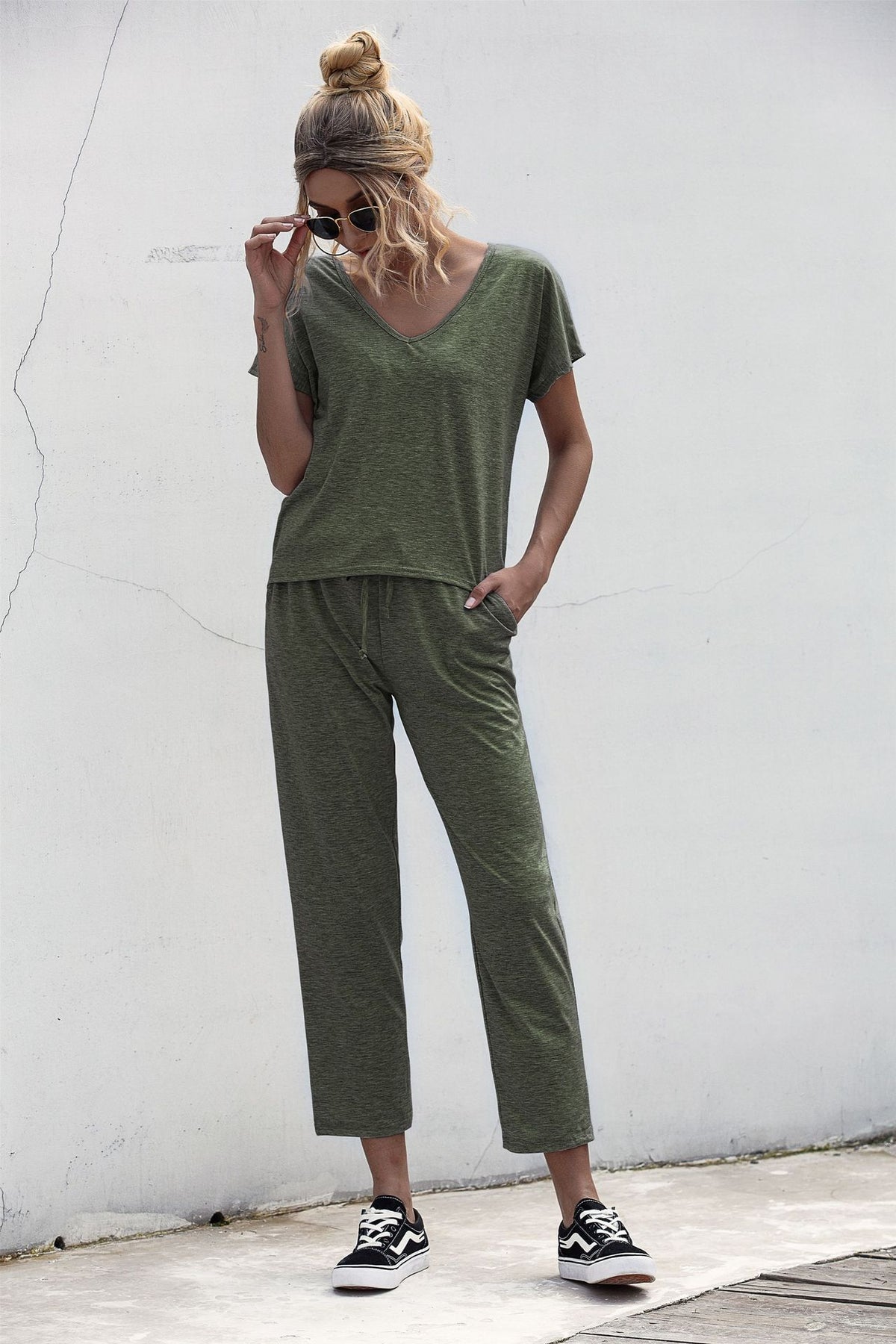 Lace-up Short Sleeve Two-piece One Shoulder Loungewear With Pocket