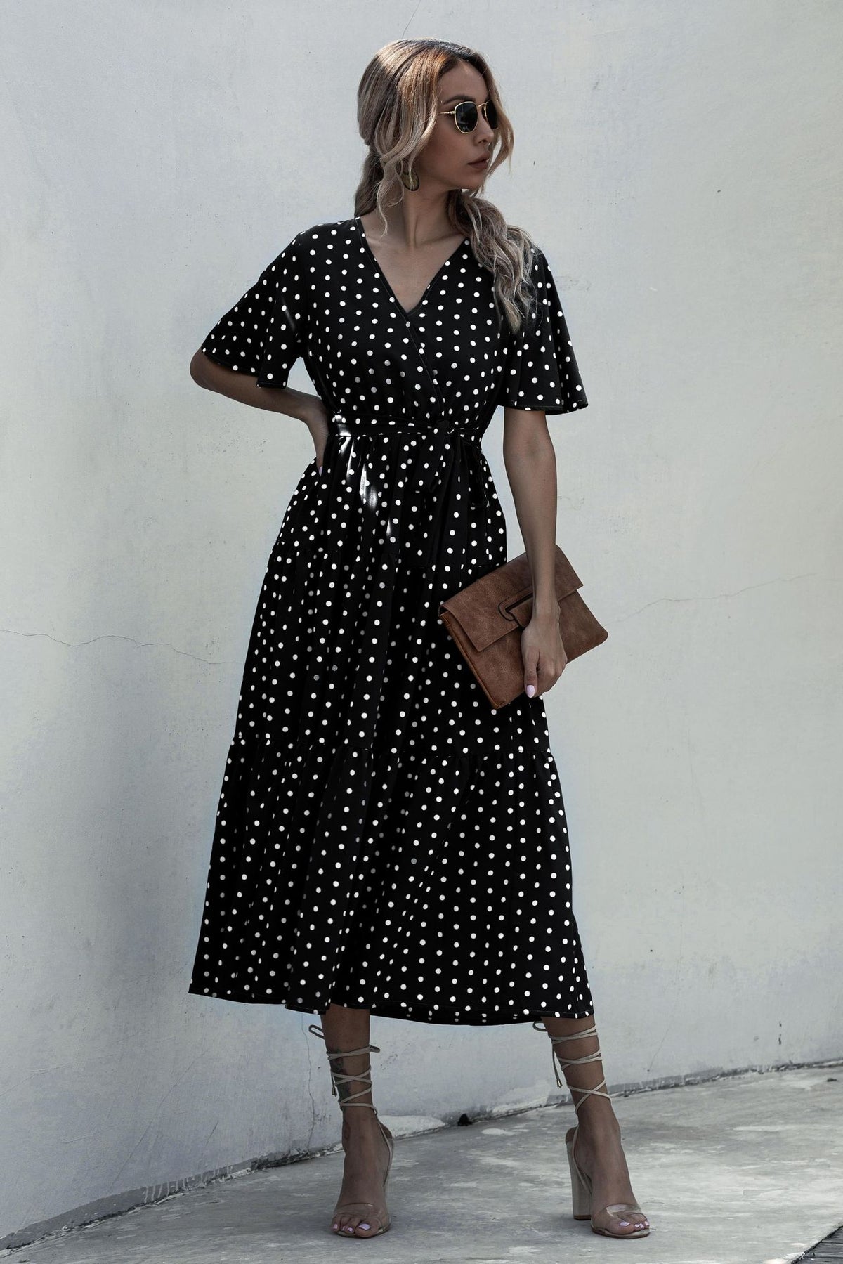 V-neck Belt Polka Dot Floral Maxi Dresses