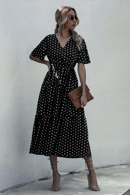 V-neck Belt Polka Dot Floral Maxi Dresses