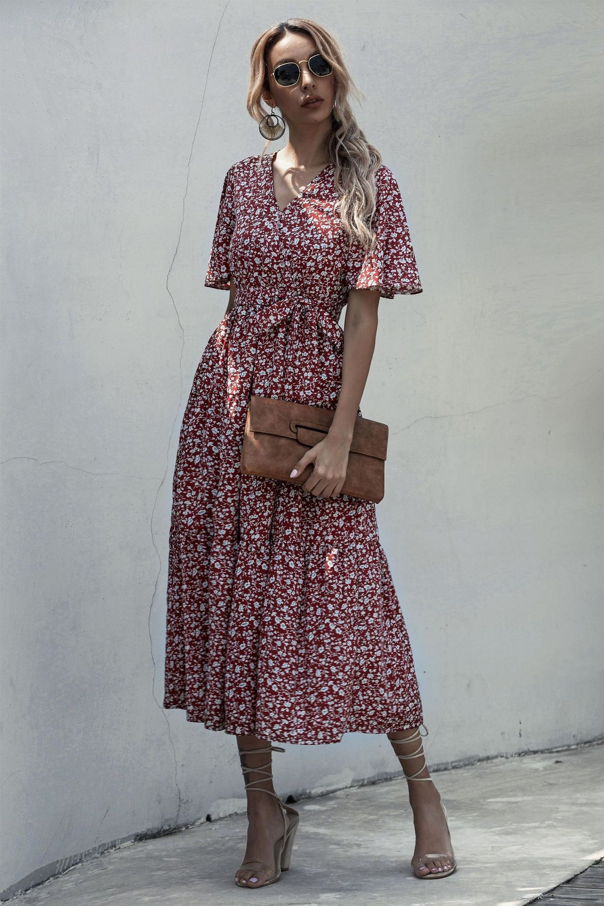 V-neck Belt Polka Dot Floral Maxi Dresses
