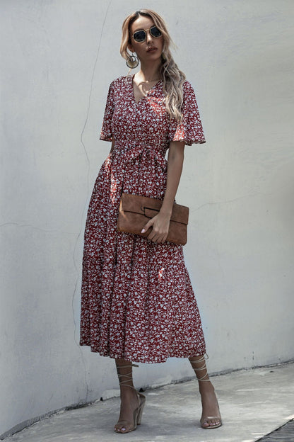 V-neck Belt Polka Dot Floral Maxi Dresses