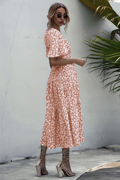 V-neck Belt Polka Dot Floral Maxi Dresses