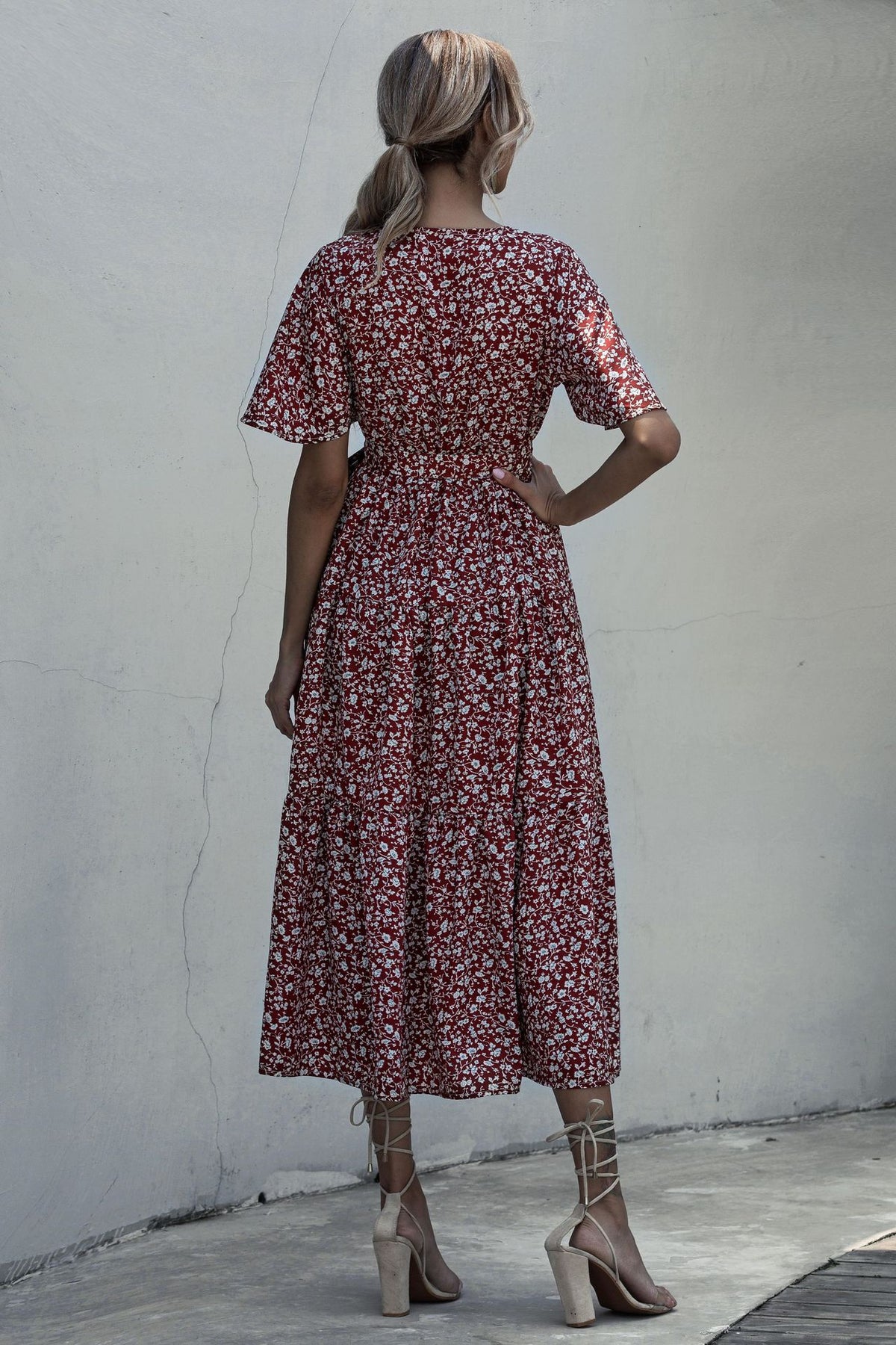 V-neck Belt Polka Dot Floral Maxi Dresses