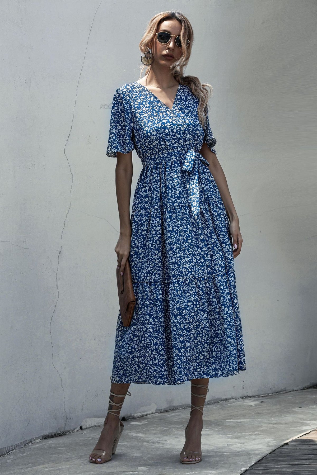 V-neck Belt Polka Dot Floral Maxi Dresses