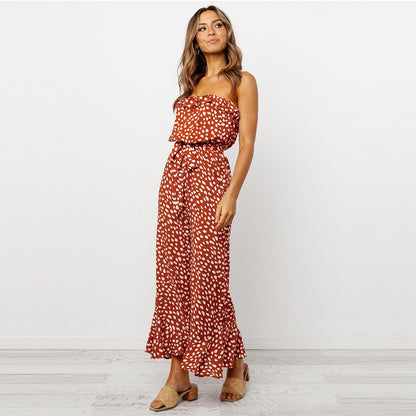 Transparent Suspenders Lace-up Ruffled Jumpsuit Tube Top Floral Loose Rompers