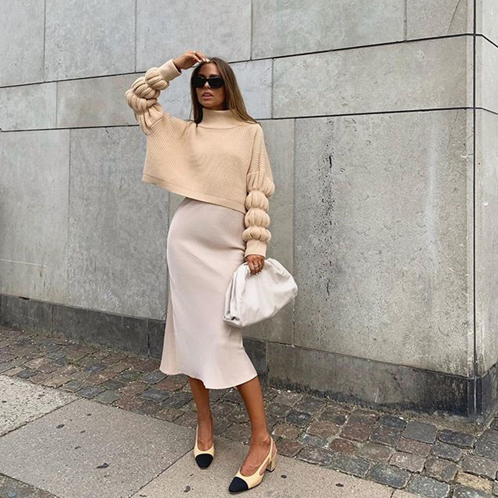 Lantern Sleeve High-collared Knit Sweaters