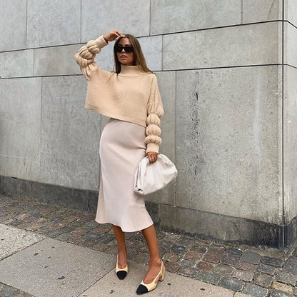 Lantern Sleeve High-collared Knit Sweaters