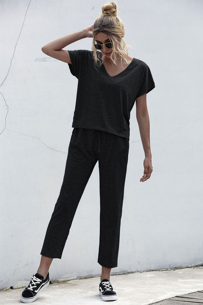 Lace-up Short Sleeve Two-piece One Shoulder Loungewear With Pocket