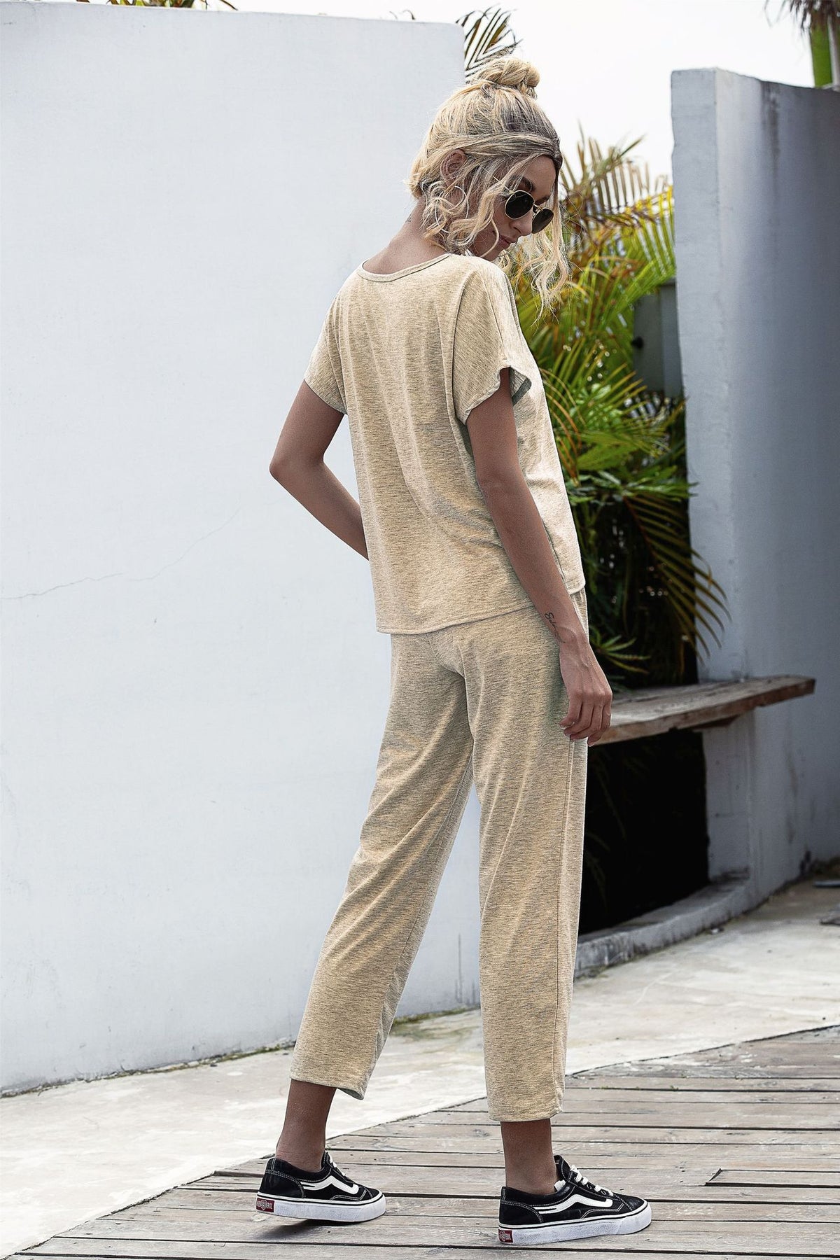 Lace-up Short Sleeve Two-piece One Shoulder Loungewear With Pocket