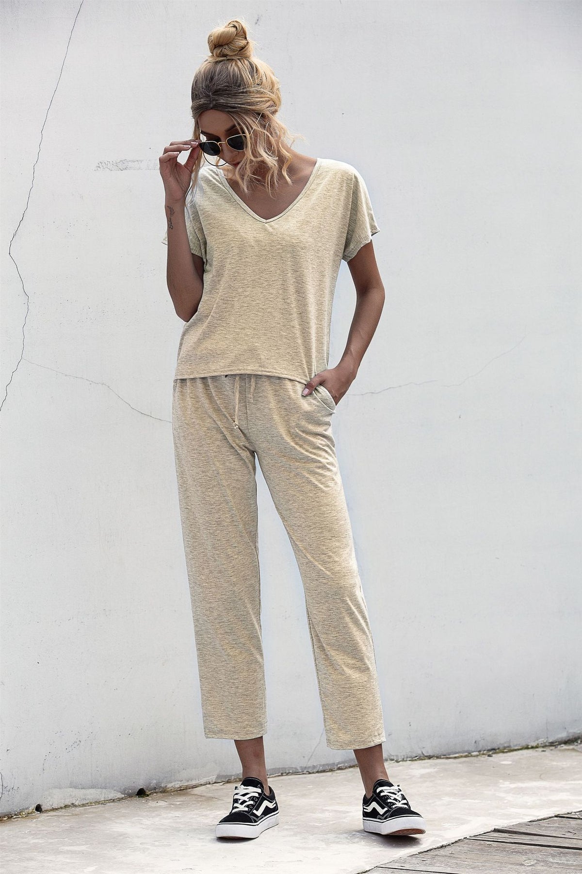 Lace-up Short Sleeve Two-piece One Shoulder Loungewear With Pocket