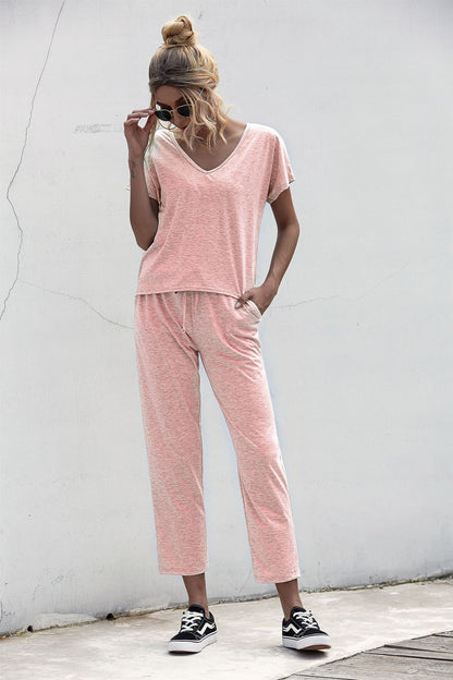 Lace-up Short Sleeve Two-piece One Shoulder Loungewear With Pocket