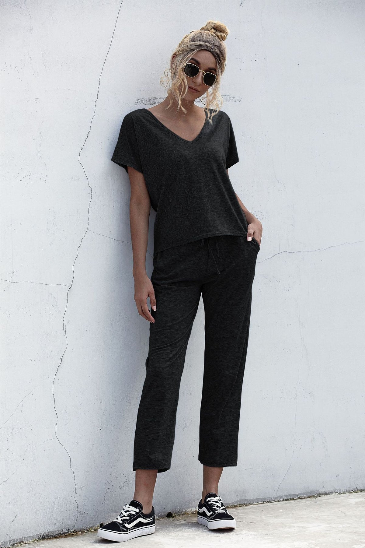 Lace-up Short Sleeve Two-piece One Shoulder Loungewear With Pocket