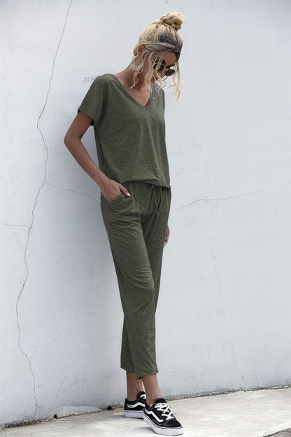 Lace-up Short Sleeve Two-piece One Shoulder Loungewear With Pocket