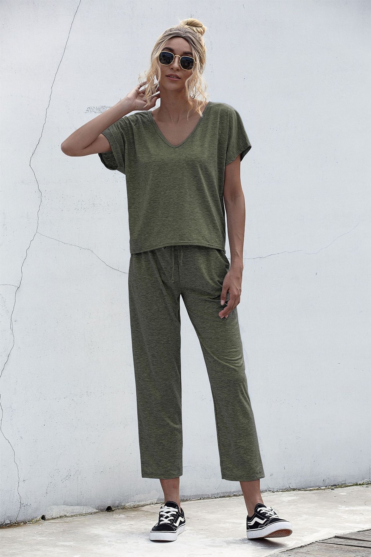 Lace-up Short Sleeve Two-piece One Shoulder Loungewear With Pocket