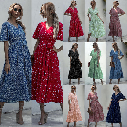 V-neck Belt Polka Dot Floral Maxi Dresses