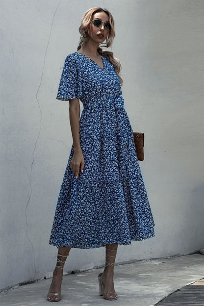 V-neck Belt Polka Dot Floral Maxi Dresses