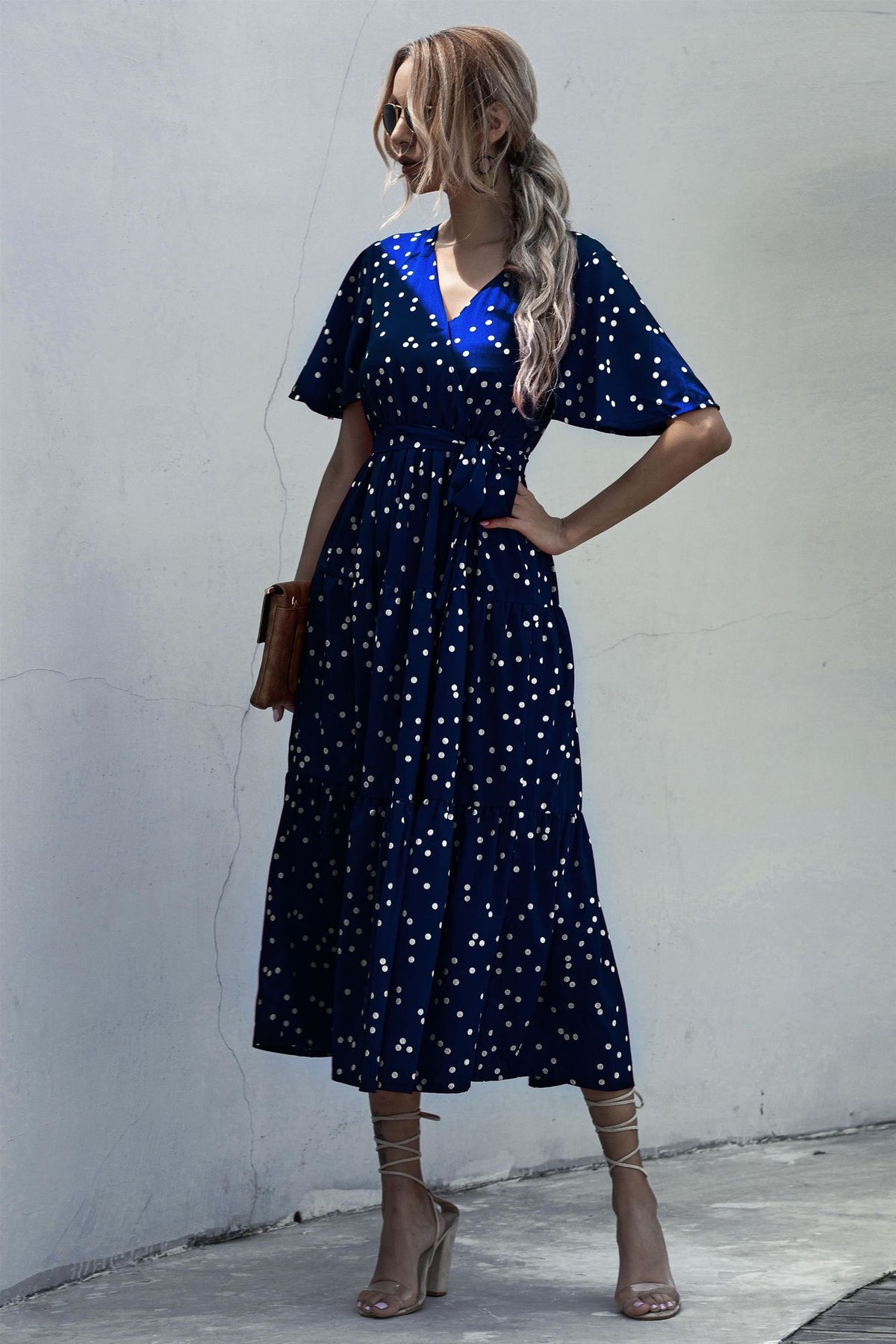 V-neck Belt Polka Dot Floral Maxi Dresses