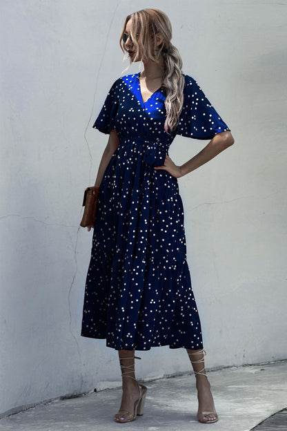 V-neck Belt Polka Dot Floral Maxi Dresses