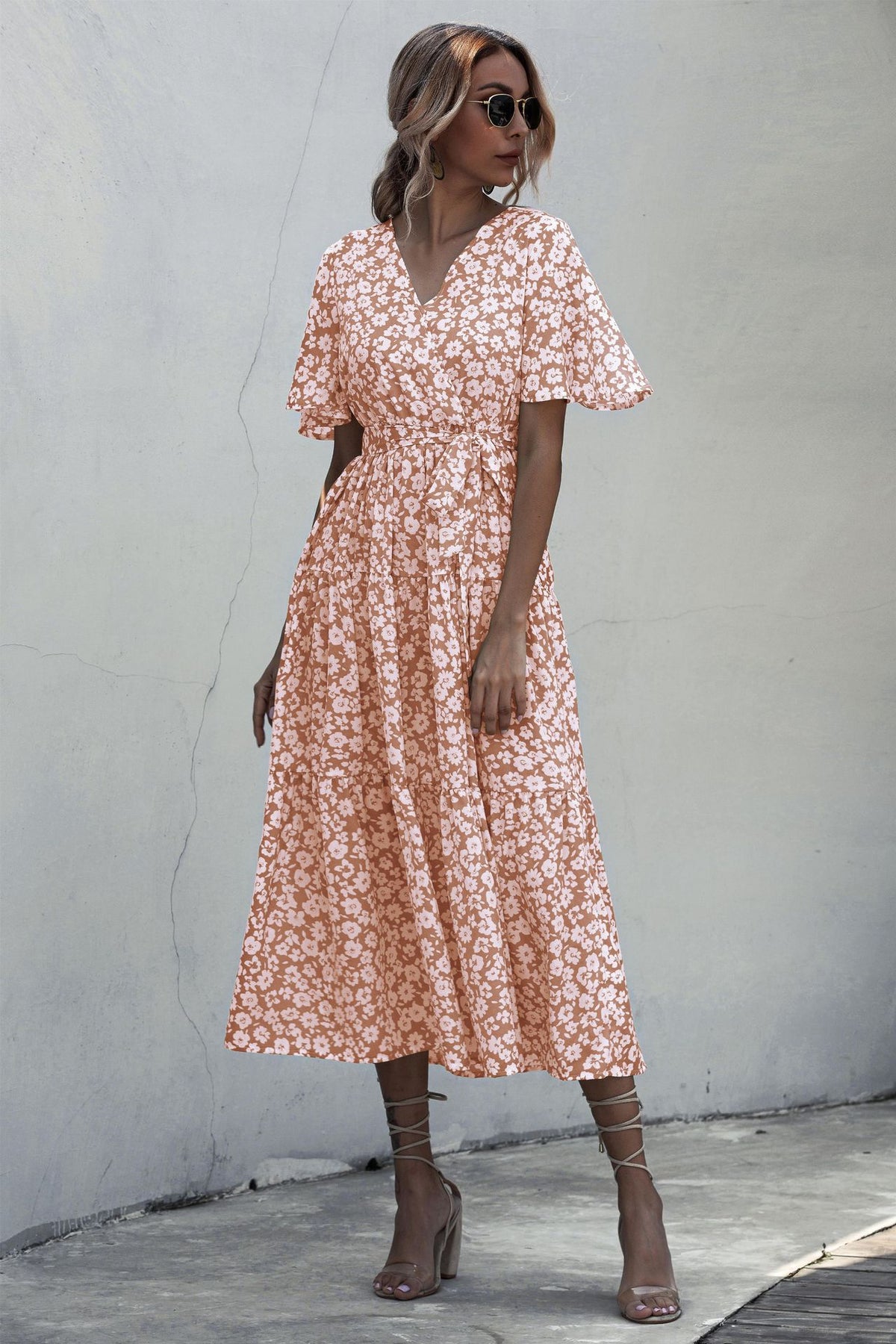 V-neck Belt Polka Dot Floral Maxi Dresses