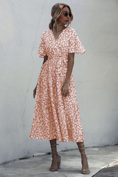 V-neck Belt Polka Dot Floral Maxi Dresses