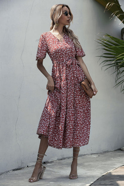 V-neck Belt Polka Dot Floral Maxi Dresses