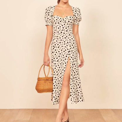 Polka Dot Floral Printed V-neck Midi Dress