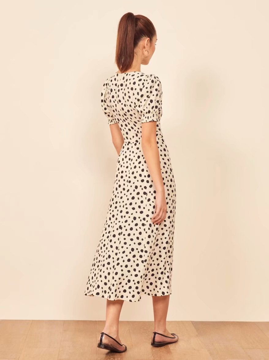Polka Dot Floral Printed V-neck Midi Dress