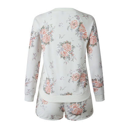 Floral Two-piece Cotton T-Shirt Lace-up Shorts Loungewear