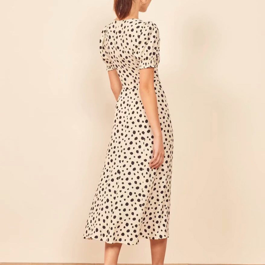 Polka Dot Floral Printed V-neck Midi Dress