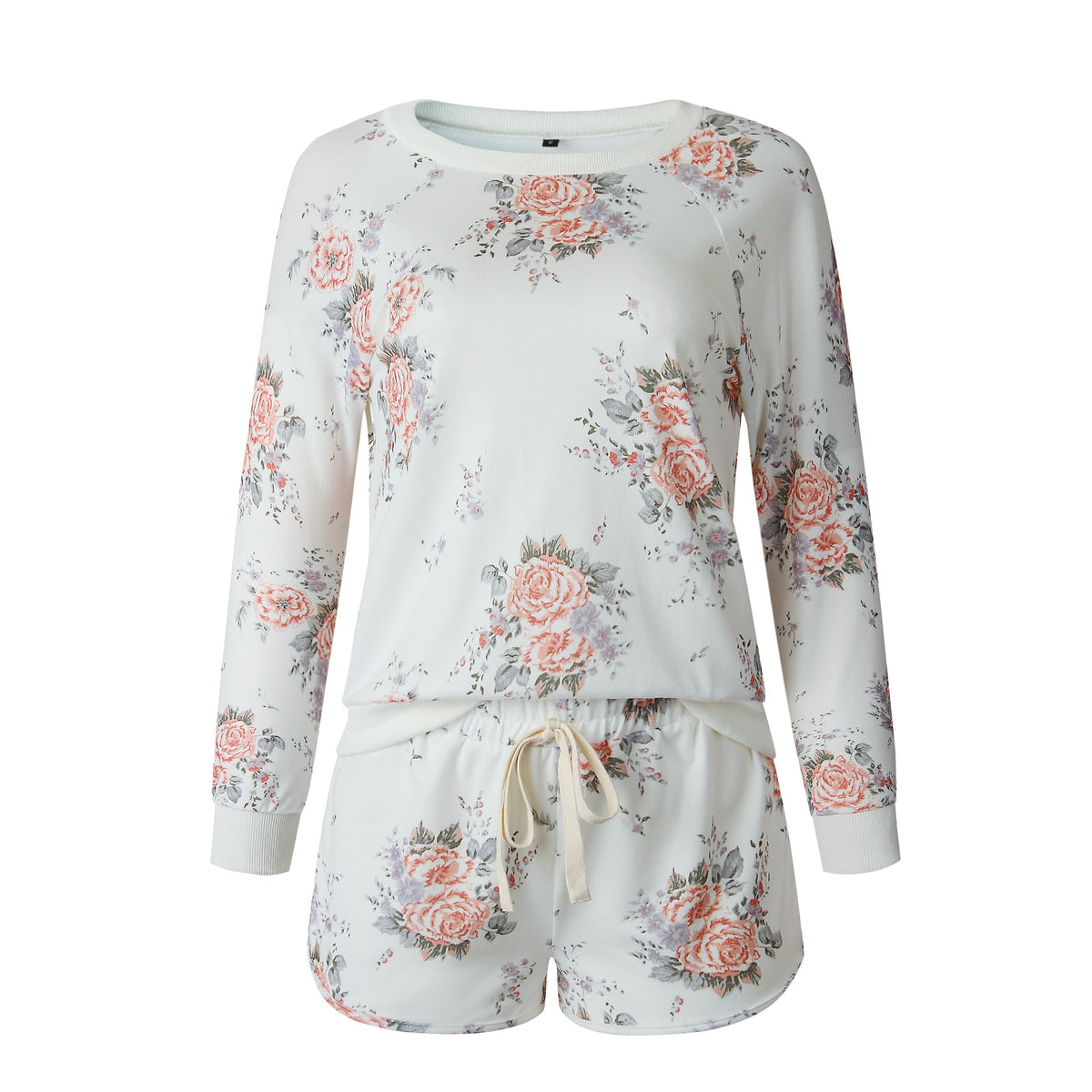 Floral Two-piece Cotton T-Shirt Lace-up Shorts Loungewear