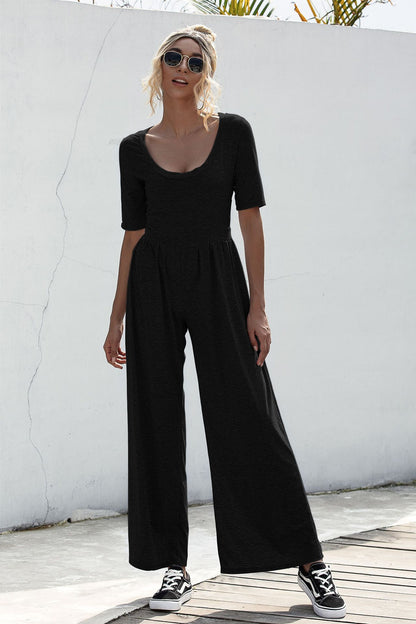 U-neck Short-sleeved Loungewear Wide-legged Jumpsuits