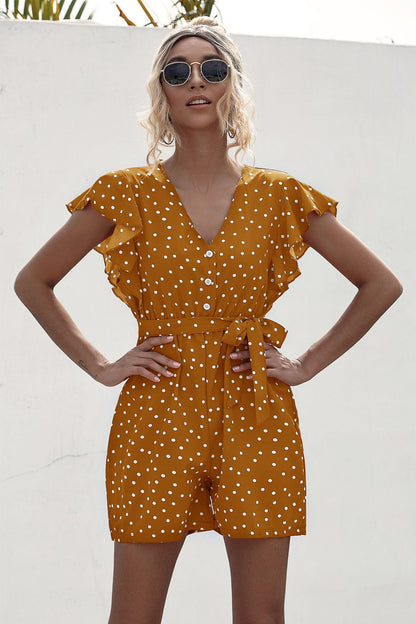 Polka Dot Lace-up Jumpsuit Lotus Sleeve Single-breasted Drawstring Rompers